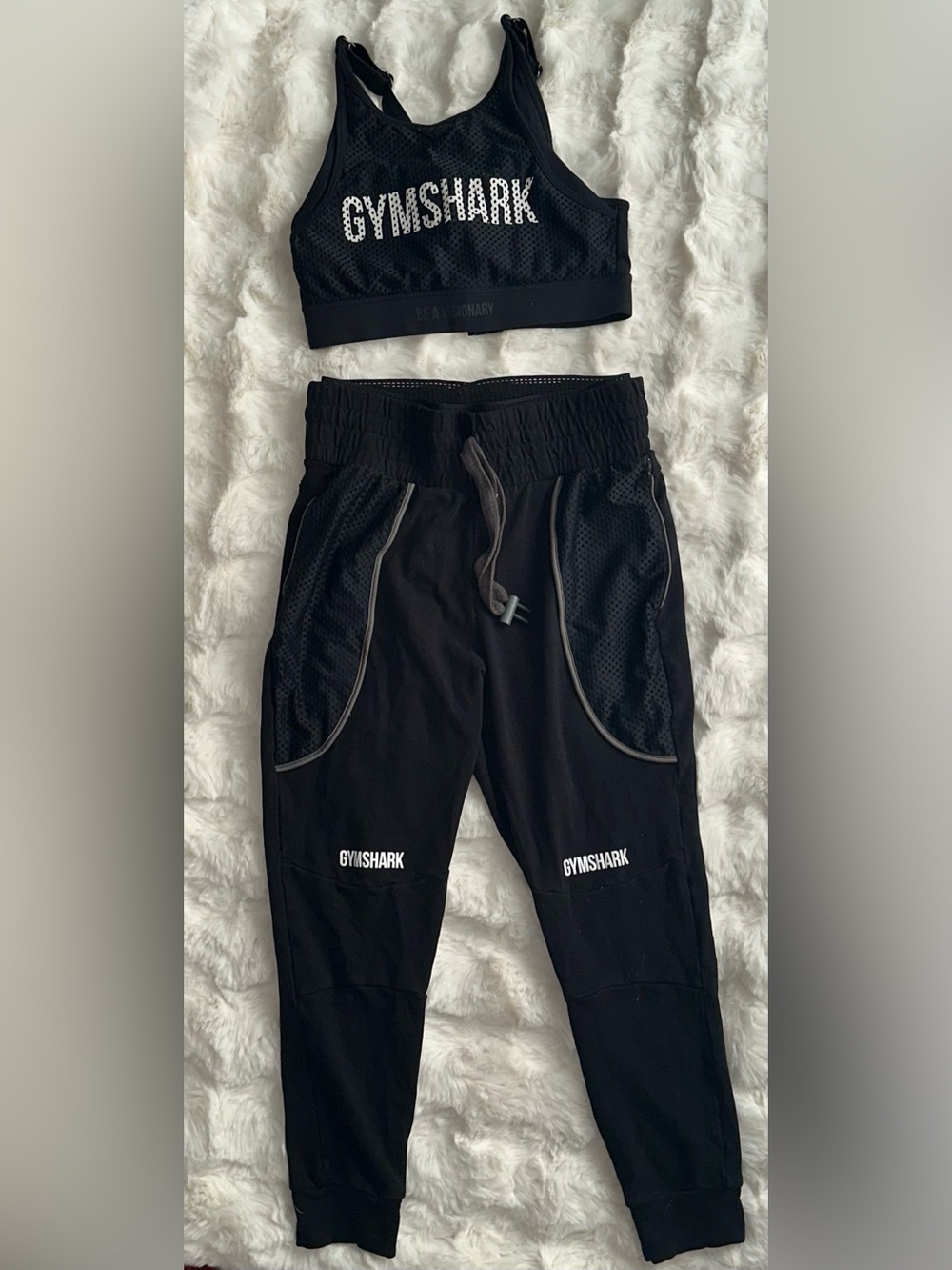 Rare Two Piece Gymshark Set- Black Mesh Joggers Athletic Bottoms and Sporta Bra